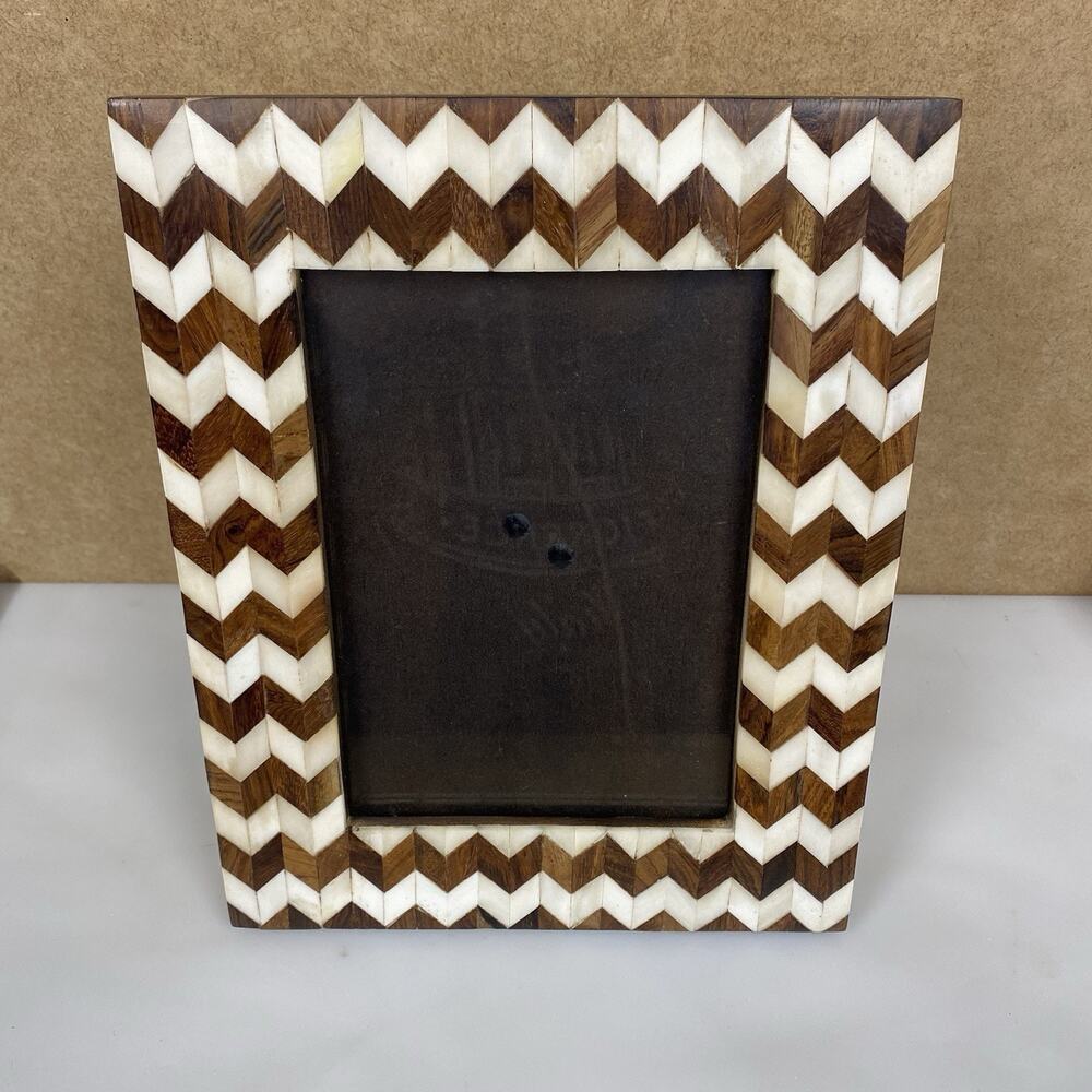 Chevron Wood Inlay Picture Frame Handcrafted Boho Rustic Style